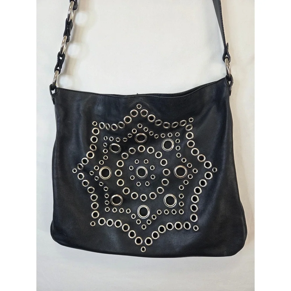 Nordstrom Black Genuine Leather Grommet Hobo Shoulder Bag Made in Italy